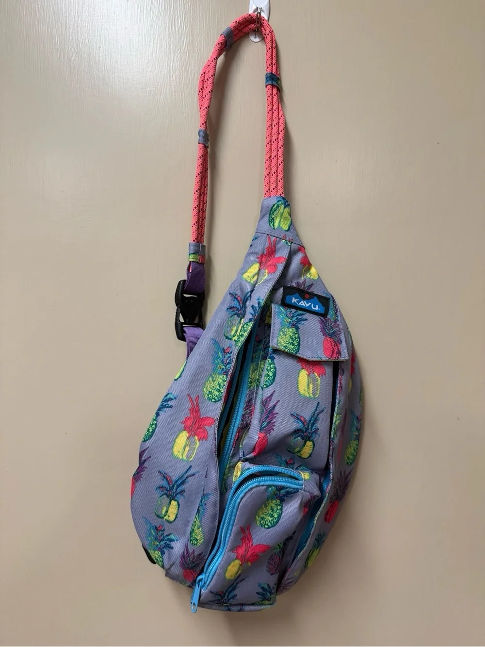 Kavu Gray Pineapple Print Rope Sling Bag with Neon Strap